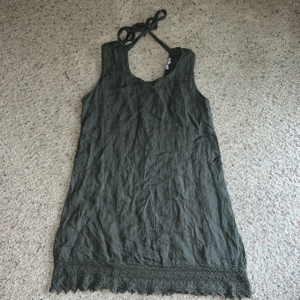 Rosemarine Made in Italy Green Gray Linen Midi Dress Sleeveless Lace Hem Size S